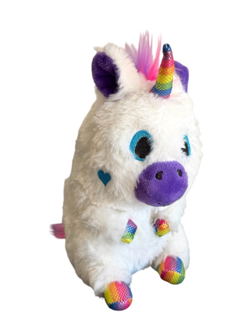 Nanco Unicorn Belly Buddy Plush Stuffed Animal Rainbow Shimmer Blue Heart 8.5in